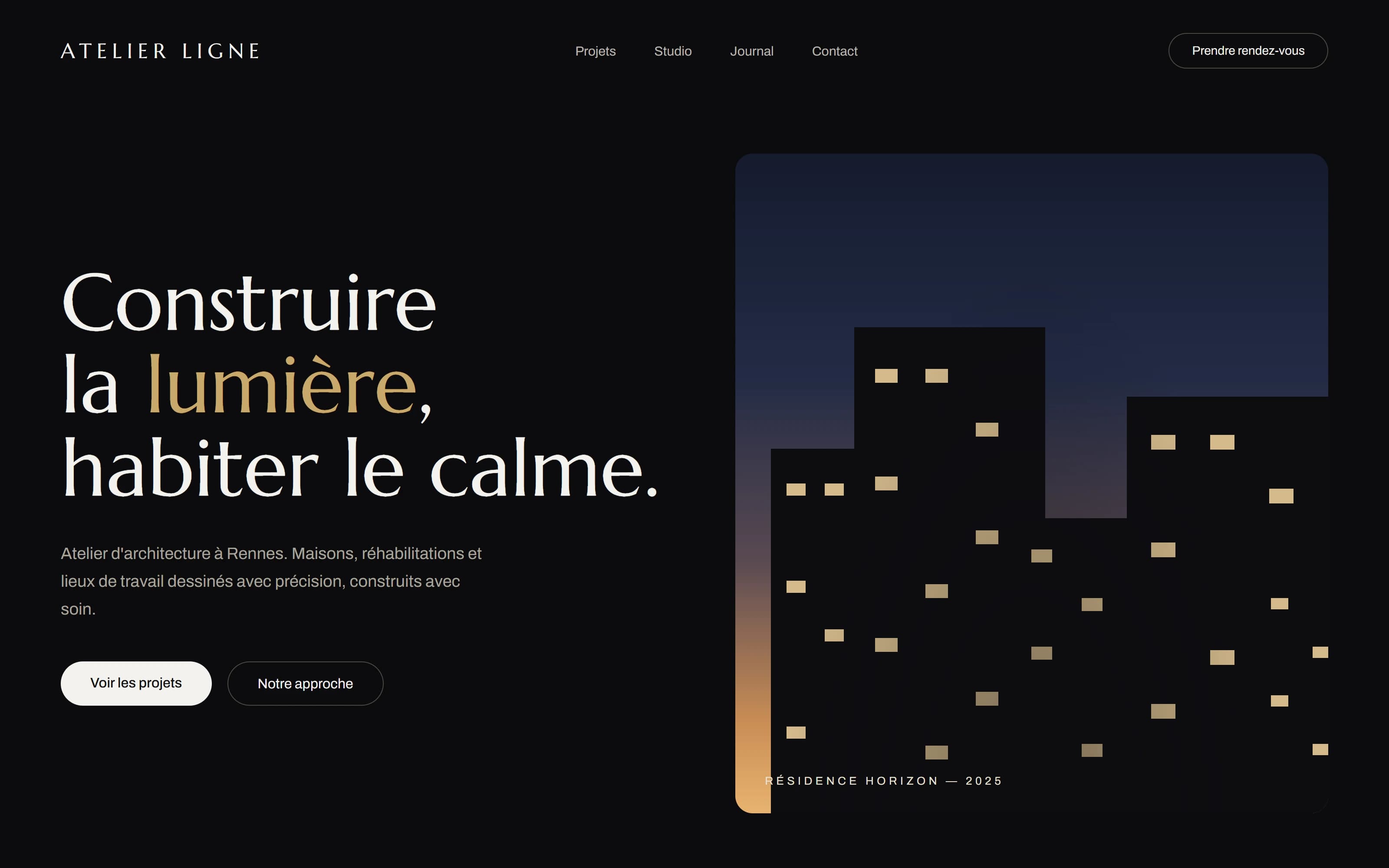 Aperçu d'un site vitrine réalisé par Nodal Digital, interface sombre sur écran d'ordinateur portable