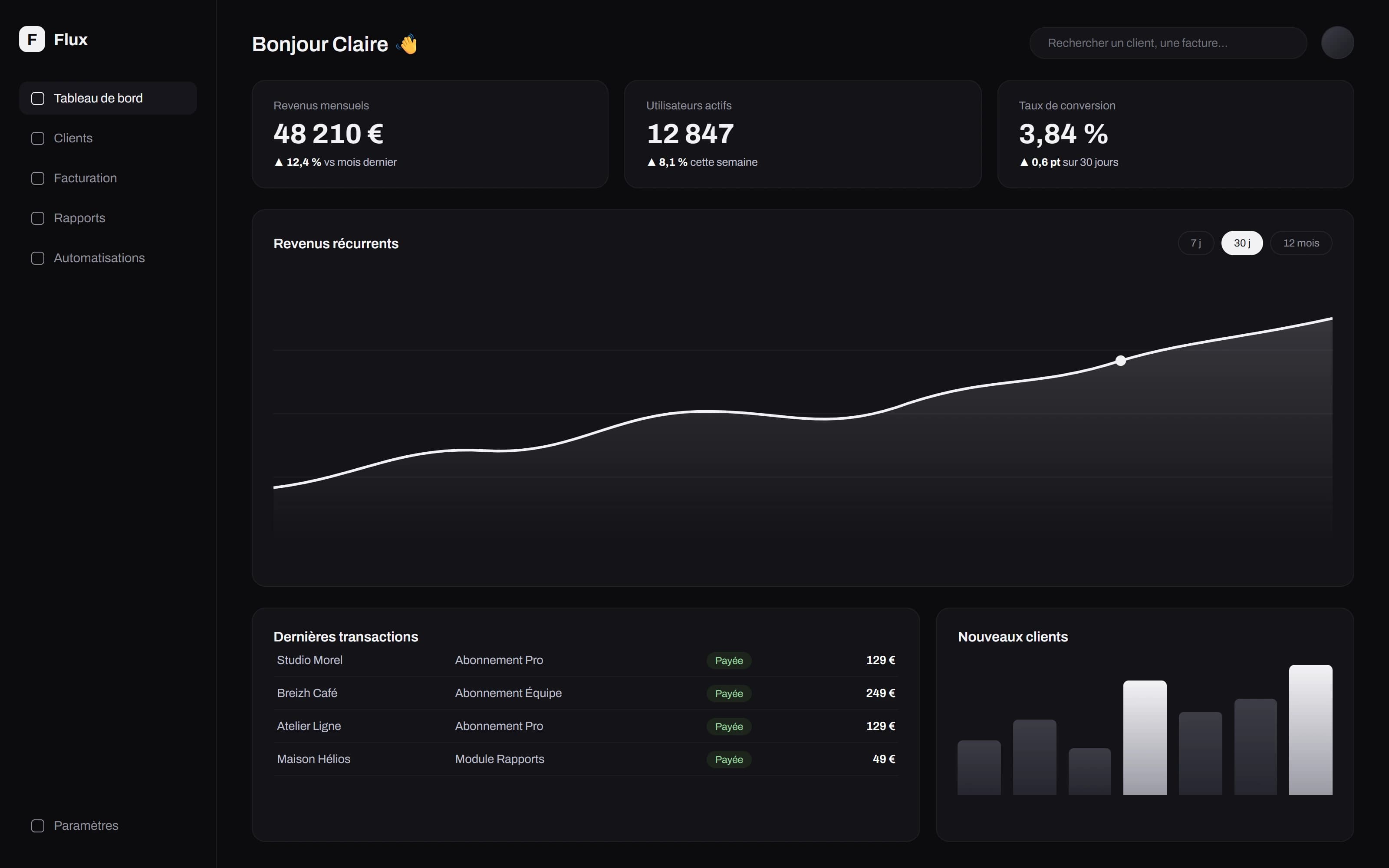 Aperçu d'une application web avec tableau de bord réalisée par Nodal Digital